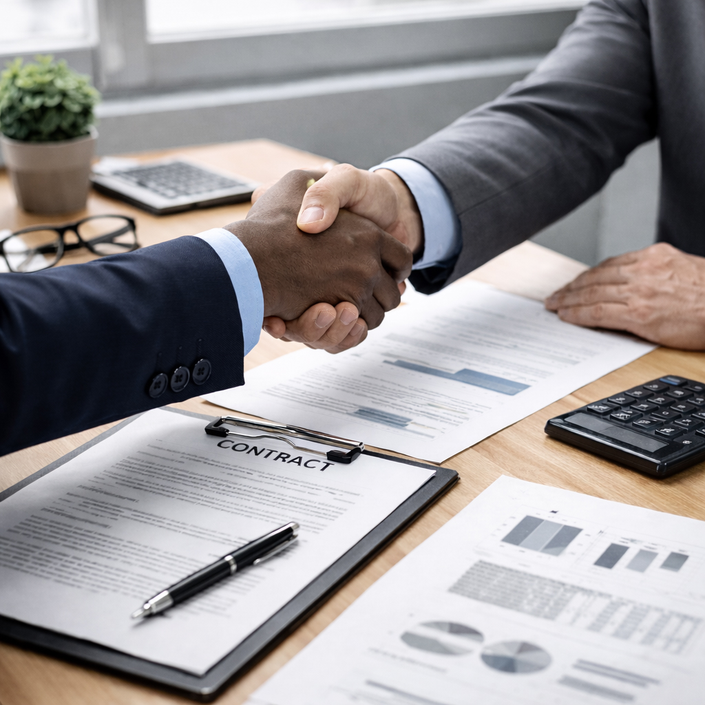 handshake across desk with documents visible (trust + clarity).